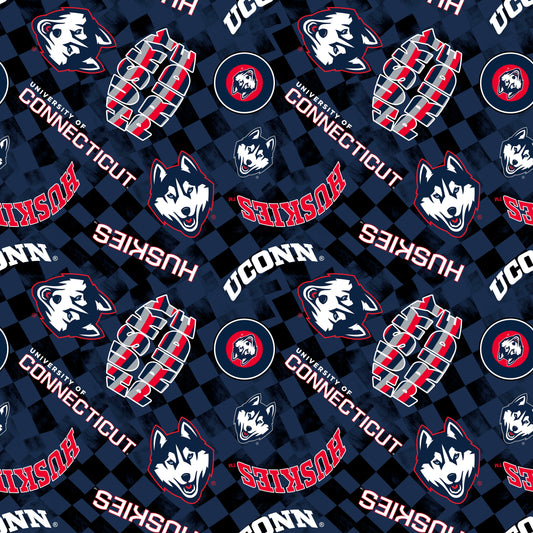 Connecticut Huskies NCAA College Checks Blue Sykel Enterprises Canvas Duck Cloth Cotton Fabric UCON-1380-BLUE
