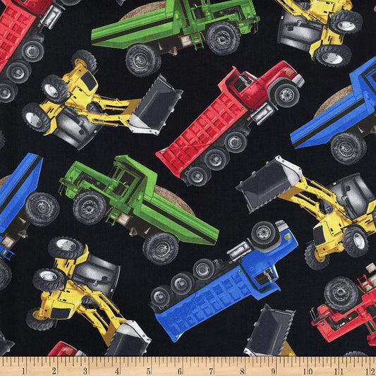 Construction Trucks Tossed Black Timeless Treasures Cotton Fabric