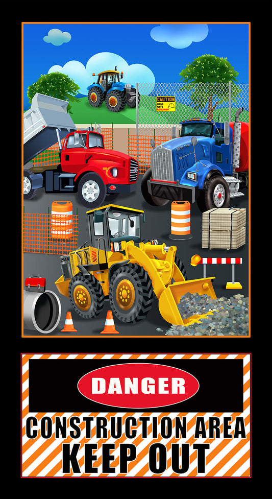 Construction Zone Black Front Loader Dump Truck Danger Panel 24” Black Robert Giordano Henry Glass Fabrics Cotton Fabric