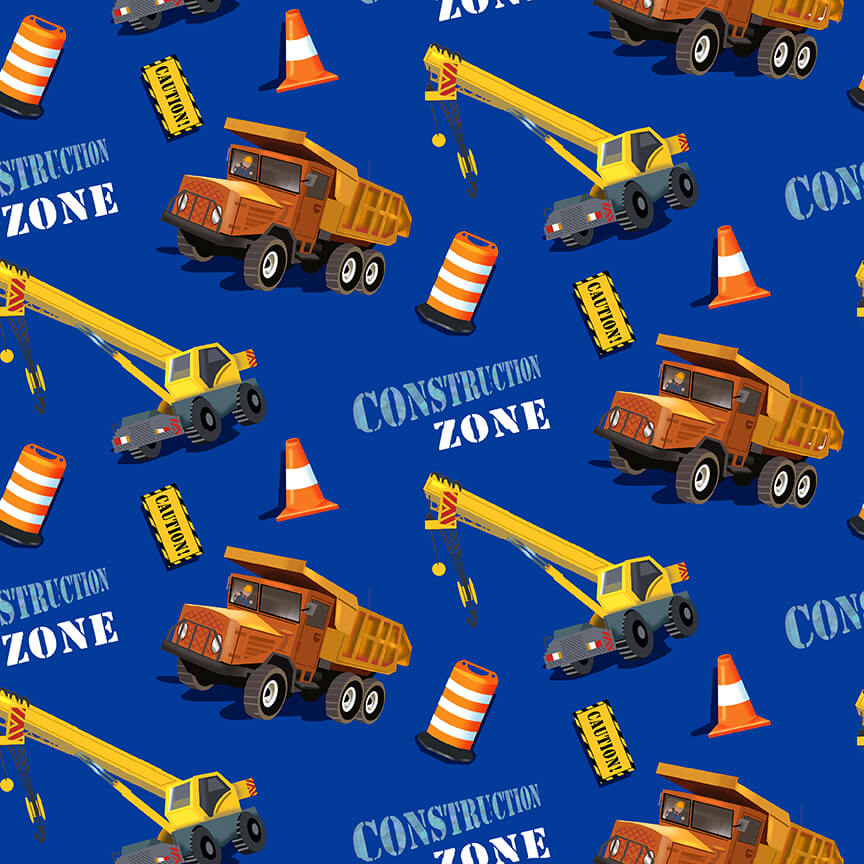 Construction Zone Crane and Dump Truck Royal Robert Giordano Henry Glass Cotton Fabric