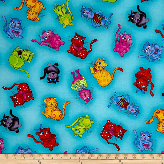 Cool Cats Tossed Turquoise Loralie Designs Cotton Fabric