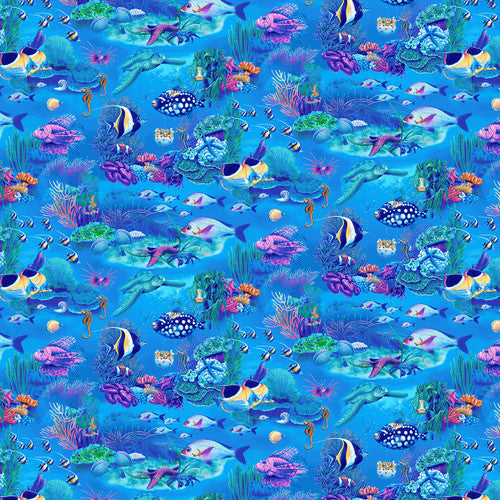 Coral Reef Aquarium Scene Royal Blue Lori Anzalone Studio E Cotton Fabric