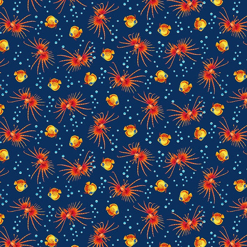 Coral Reef Lionfish Navy Blue Lori Anzalone Studio E Cotton Fabric