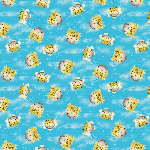Coral Reef Tossed Puffer Fish Aqua Blue Lori Anzalone Studio E Cotton Fabric | US Fabric Shop