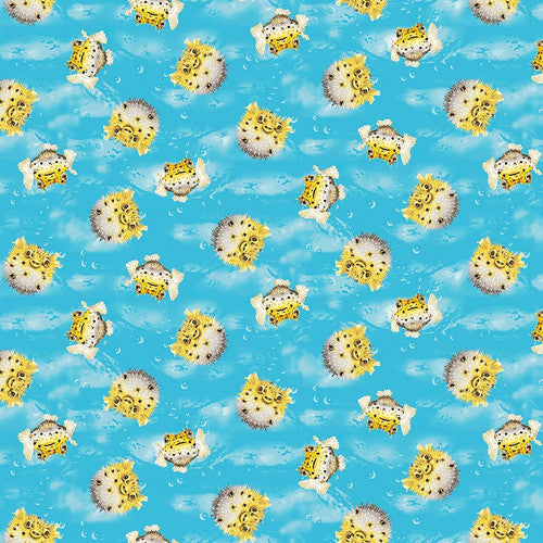 Coral Reef Tossed Puffer Fish Aqua Blue Lori Anzalone Studio E Cotton Fabric