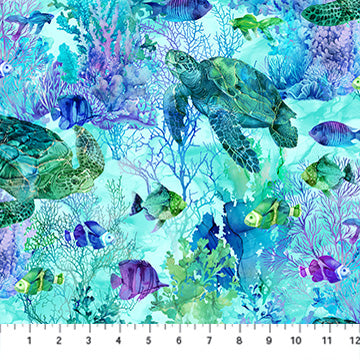 Coral Reef Turtle and Fish Turquoise Multi Deborah Edwards and Melanie Samra Northcott Cotton Fabric NC-DP28877-66
