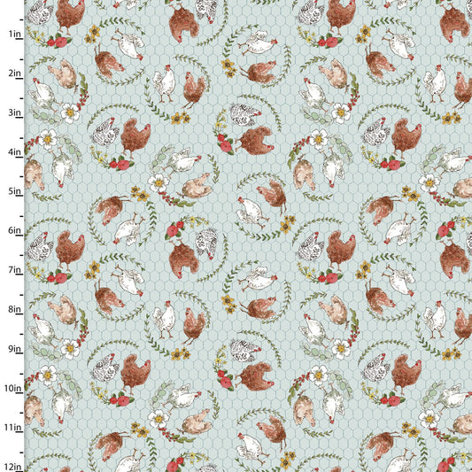 Cottontail Farm Chicken on a Wire Blue Caverly Smith 3 Wishes Fabrics Cotton Fabric