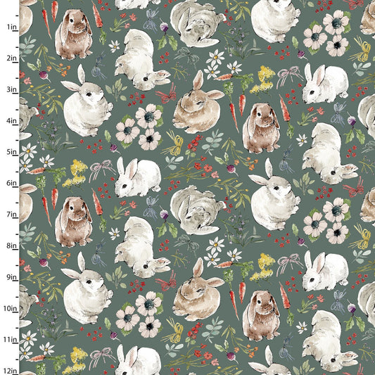 Cottontail Farm Cottontail Toss Rabbit Green Caverly Smith 3 Wishes Fabrics Cotton Fabric