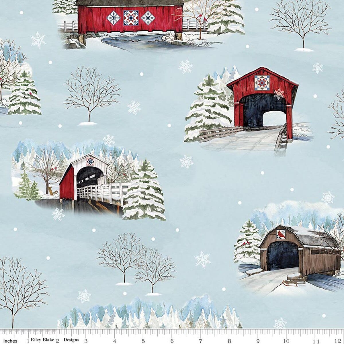 Covered Bridges in Winter Main Scenic Iceberg Blue Tara Reed Riley Blake Cotton Fabric RB-CD18000-ICEBERG
