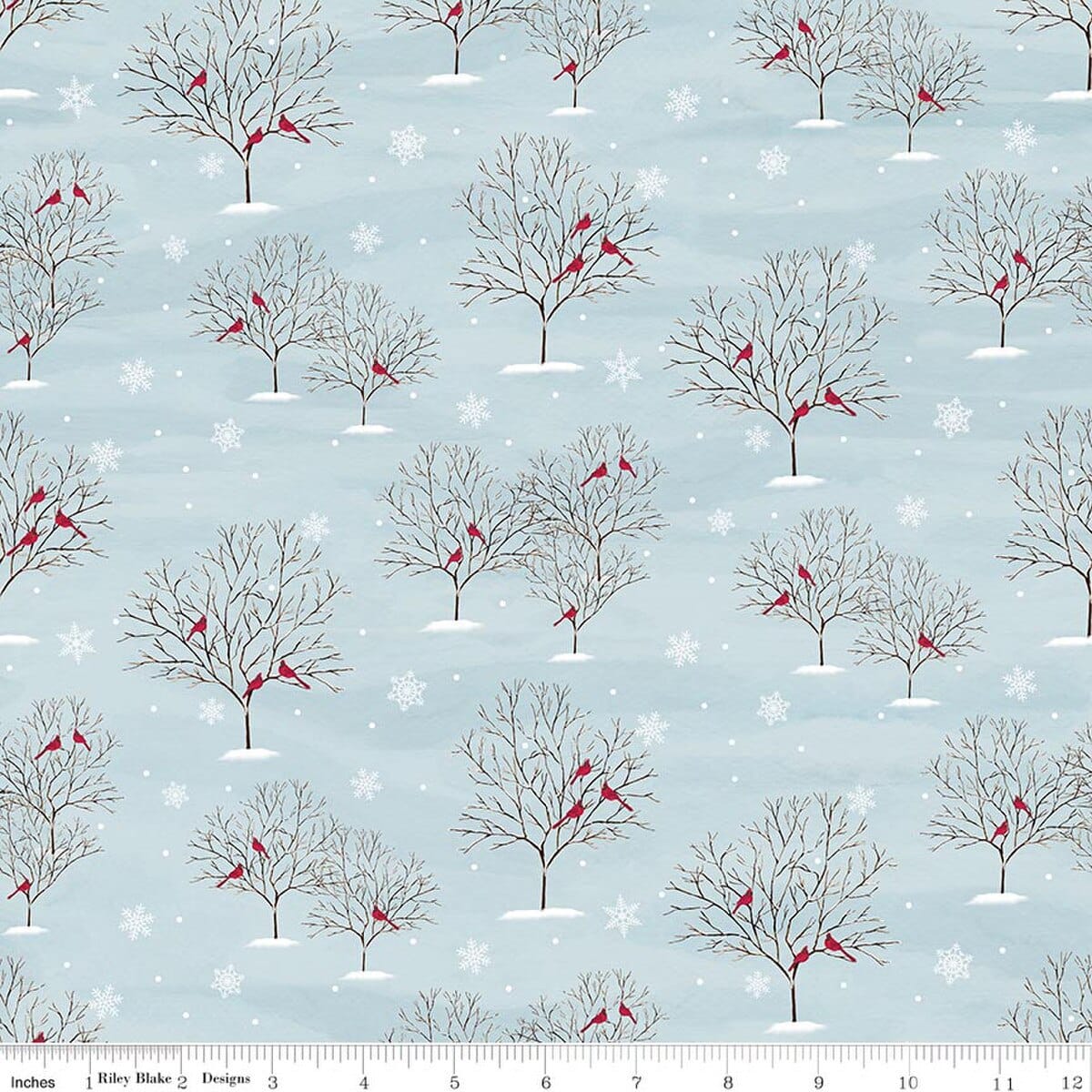 Covered Bridges in Winter Cardinals Iceberg Blue Tara Reed Riley Blake Cotton Fabric RB-C18001-ICEBERG