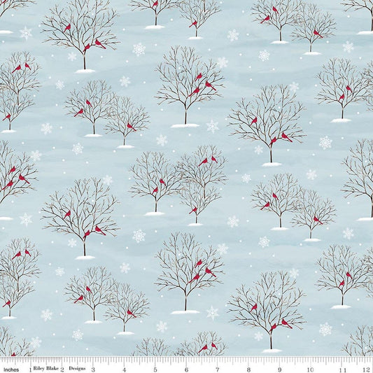 Covered Bridges in Winter Cardinals Iceberg Blue Tara Reed Riley Blake Cotton Fabric RB-C18001-ICEBERG