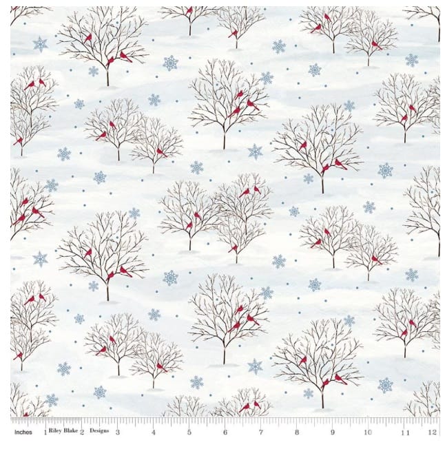 Covered Bridges in Winter Cardinals Snow Tara Reed Riley Blake Cotton Fabric RB-C18001-SNOW