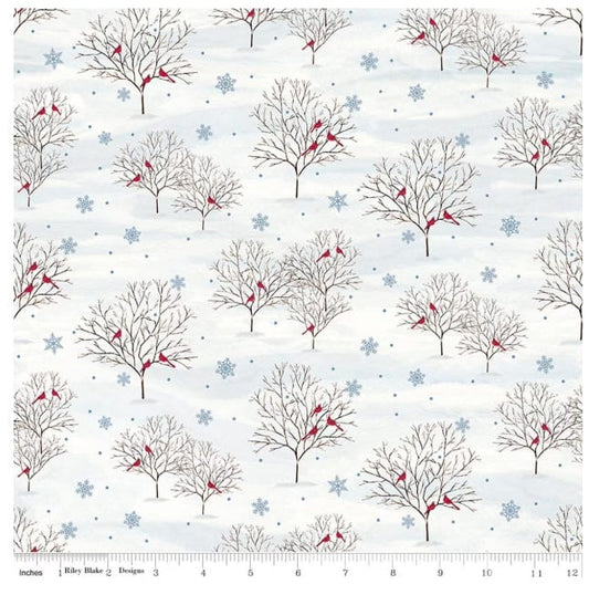 Covered Bridges in Winter Cardinals Snow Tara Reed Riley Blake Cotton Fabric RB-C18001-SNOW