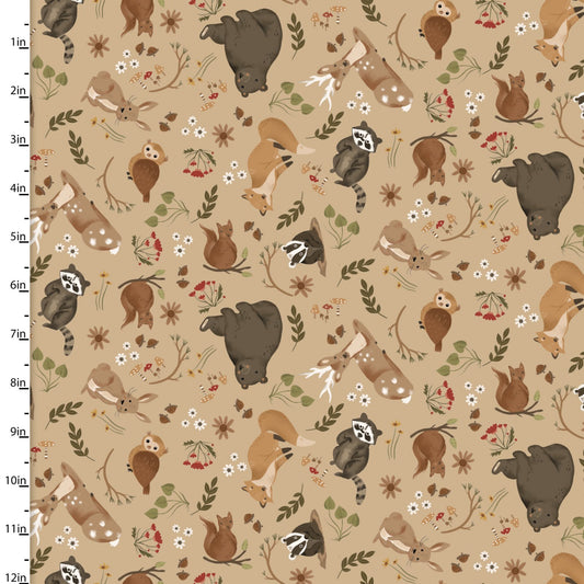 Cozy Forest Tossed Animals Tan Elaine Kay 3 Wishes Cotton Fabric