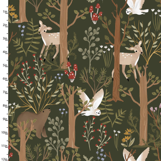 Cozy Forest Whimsical Woods Green Elaine Kay 3 Wishes Cotton Fabric