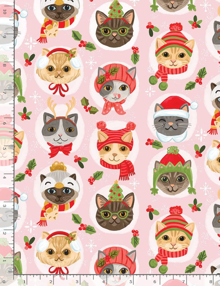 Cozy Holidays Cat Faces Hats Pink Olivia Gibbs Timeless Treasures Cotton Fabric | US Fabric Shop