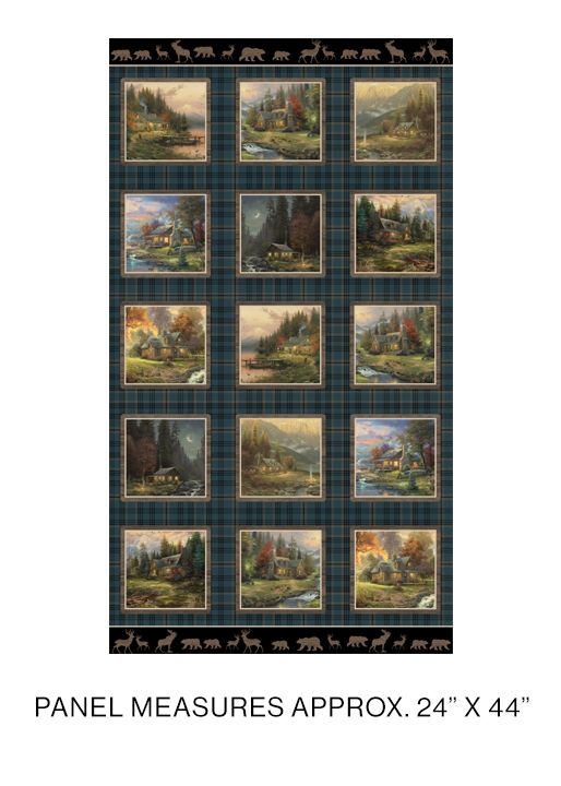 Cozy Cabin Panel Teal 24" Thomas Kinkade Benartex Cotton Fabric