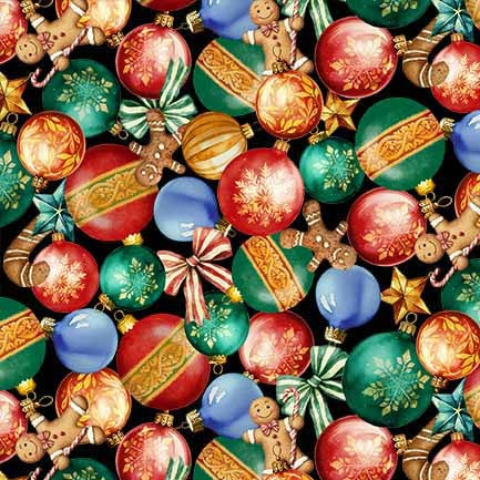Cozy Little Christmas Festive Ornaments Black Liza Bea Studios Michael Miller Cotton Fabric MM-DDC12680-BLAC-D