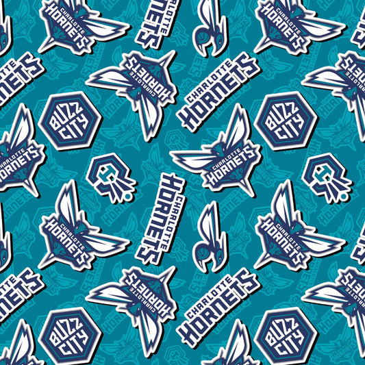 Charlotte Hornets NBA Basketball 2023 Sticker Toss Teal Blue Camelot Cotton Fabric