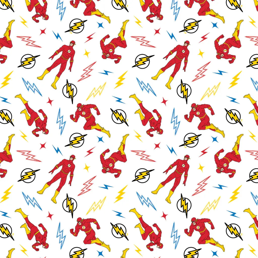 DC Doodles The Flash Tossed Lighting Super Hero White Camelot Cotton Fabric