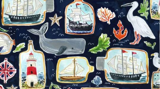 High Seas Whales Ships Bottles Lighthouses DearStella Cotton Fabric