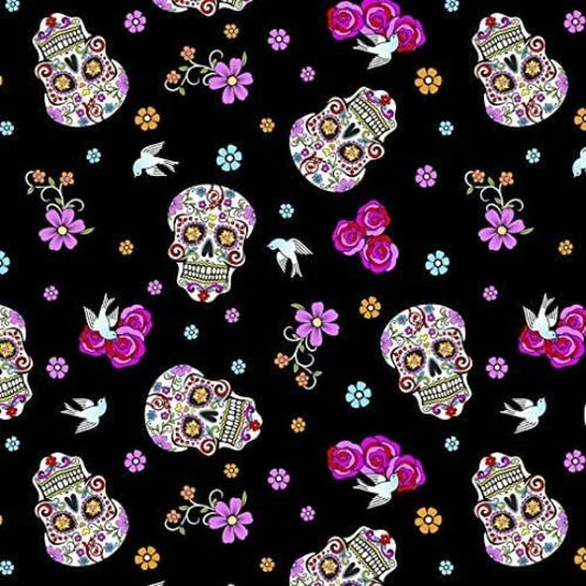 Day of The Dead Skulls Glitter David Textiles Cotton Fabric