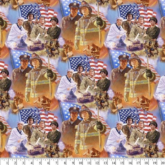 Heroes America US Soldier Sailor Pilot Police Fire Fighter David Textiles Cotton Fabric