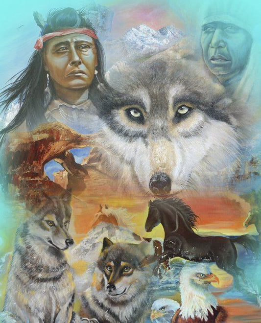 Native American Spirits the Rock Panel 36" Wolf David Textiles Cotton Fabric