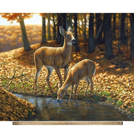 Autumn Innocence Panel 36”X44" Two Deer from Wilderness Scenery David Textiles Cotton Fabric