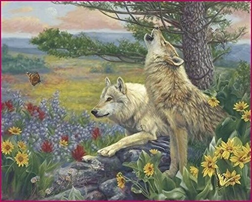 Wolves Spring Flowers Forest Scene 36" Panel David Textiles Cotton Fabric