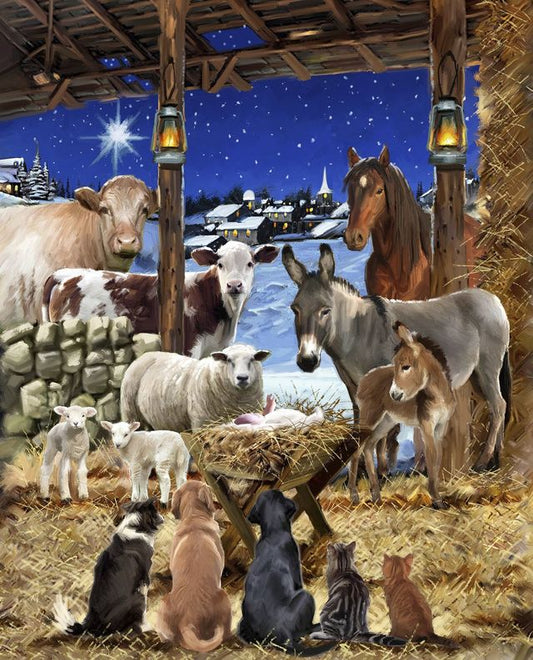 Animals Manger Nativity Scene Panel 36" David Textiles Cotton Fabric