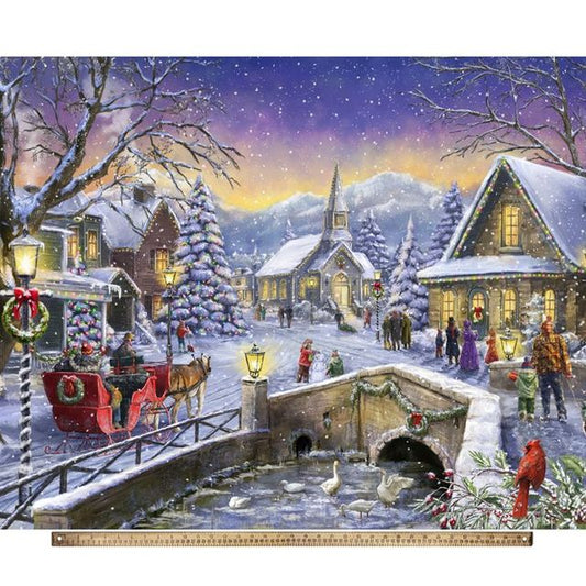 Bringing The Christmas Tree Panel 36” Snowy Christmas Town David Textiles Cotton Fabric