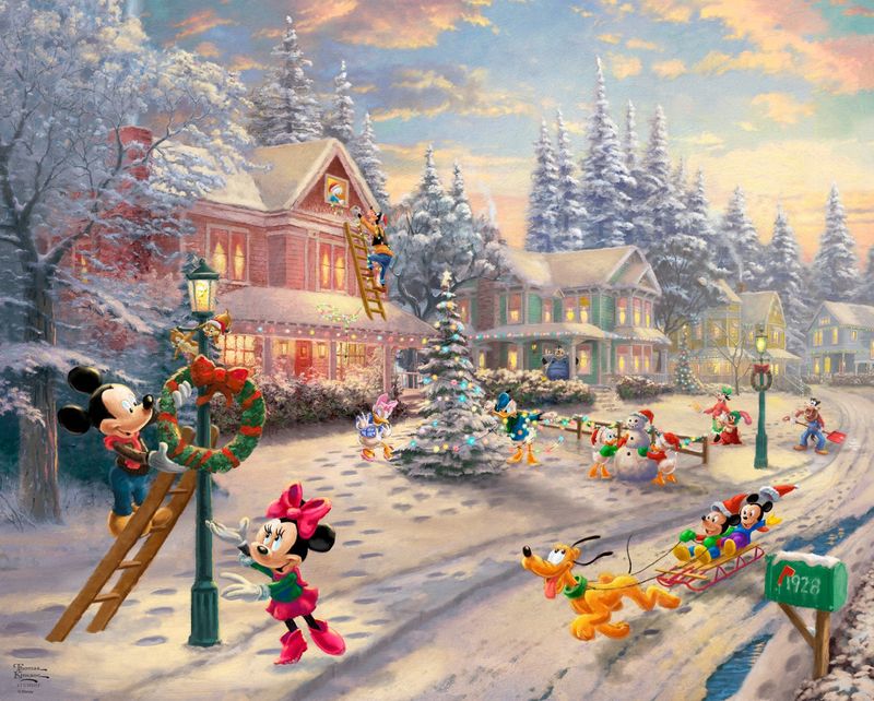 Disney Dreams Victorian Christmas Panel 36in x 43in Panel Mickey Minnie Mouse Thomas Kinkade Cotton Fabric