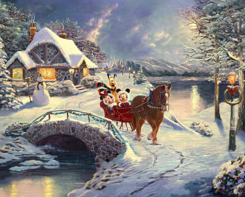 Disney Dreams Mickey & Minnie Evening Sleigh Ride Panel 36" Thomas Kinkade David Textiles Cotton Fabric