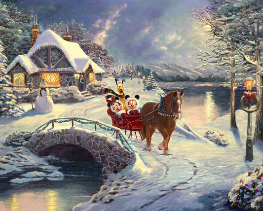 Disney Dreams Mickey & Minnie Evening Sleigh Ride Panel 36" Thomas Kinkade David Textiles Cotton Fabric