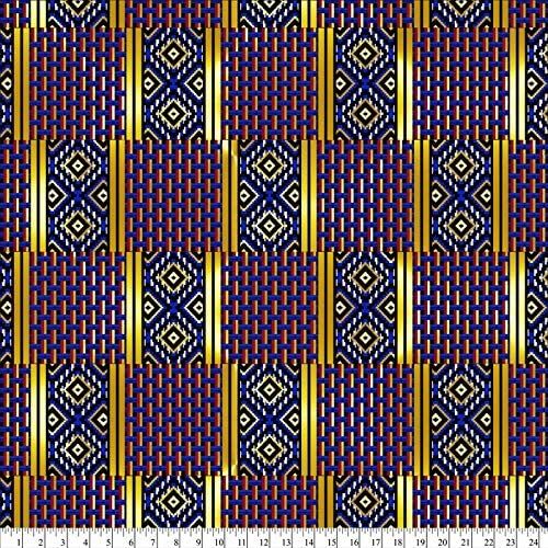 African Kaftan Quilt Gold Metallic Blue David Textiles Cotton Fabric