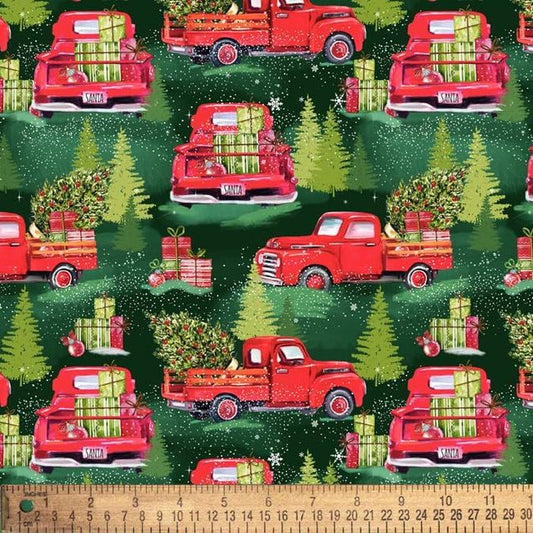 Christmas Red Pickup Truck Trees allover David Textiles Cotton Fabric