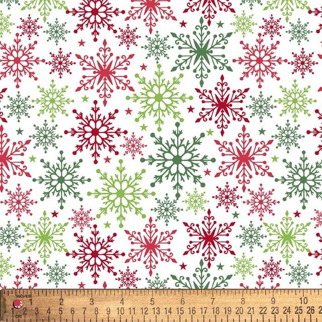 Snowflakes Bright Hunter Red White David Textiles Cotton Fabric