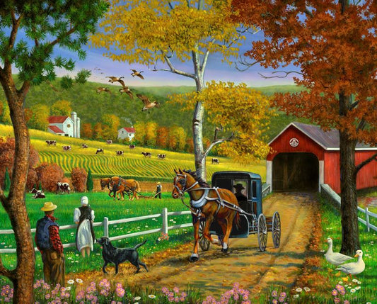 Cover Bridge Panel Farm Cows Prairie 36" Panel David Textiles Cotton Fabric