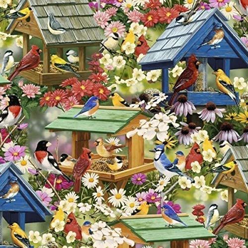 Spring Again Bird Birdhouses & Garden Flowers David Textiles Cotton Fabric