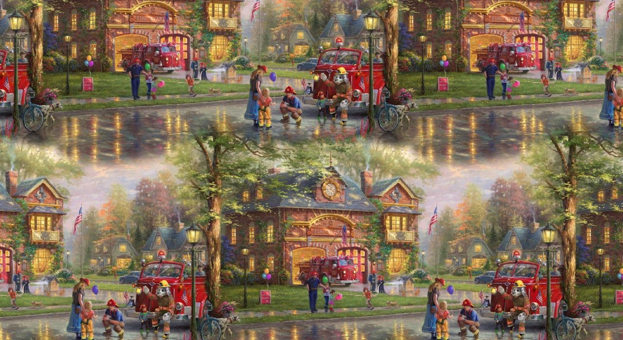 Thomas Kinkade Hometown Firehouse Allover David Textiles Cotton Fabric