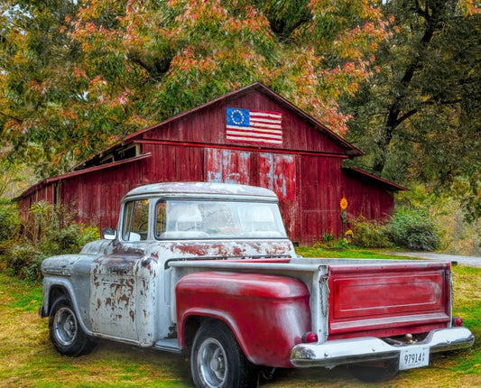 Southern Vintage 36" Panel Patriotic red truck & barn Thomas Kinkade David Textiles Cotton Fabric