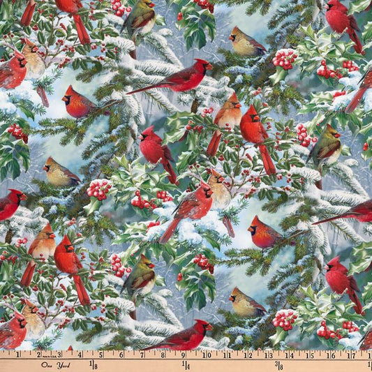 Red Cardinal and Evergreens Allover Scenic Prints David Textiles Cotton Fabric