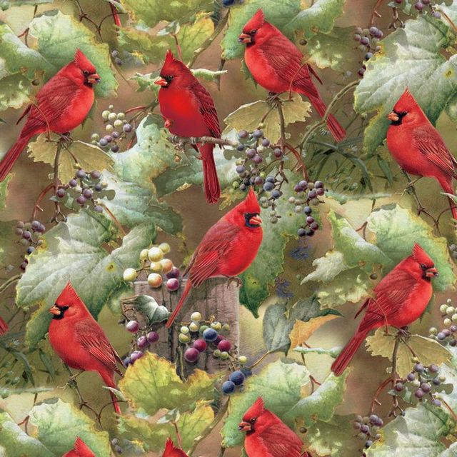 Red Cardinal the Orchard Allover Scenic Prints David Textiles Cotton