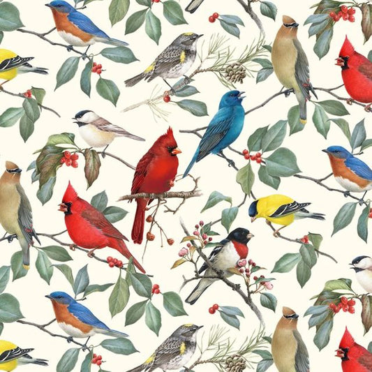 Birds and Hollies Prints Black Multi Four Seasons David Textiles Cotton Fabric