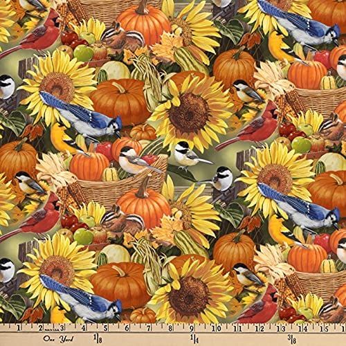 Birds and Pumpkins Sunflowers Allover Prints David Textiles Cotton Fabric Panel