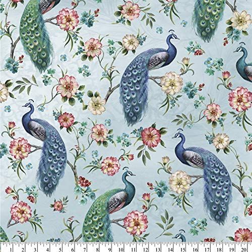 Peacock Feathered Blue Floral Lisa Audit David TextilesCotton Fabric