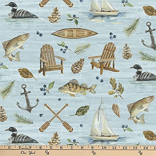 Lake House Lakeside Retreat Boat Duck Aqua David Textiles Cotton Fabric DT WA 5928 0C 1 Aqua Multi