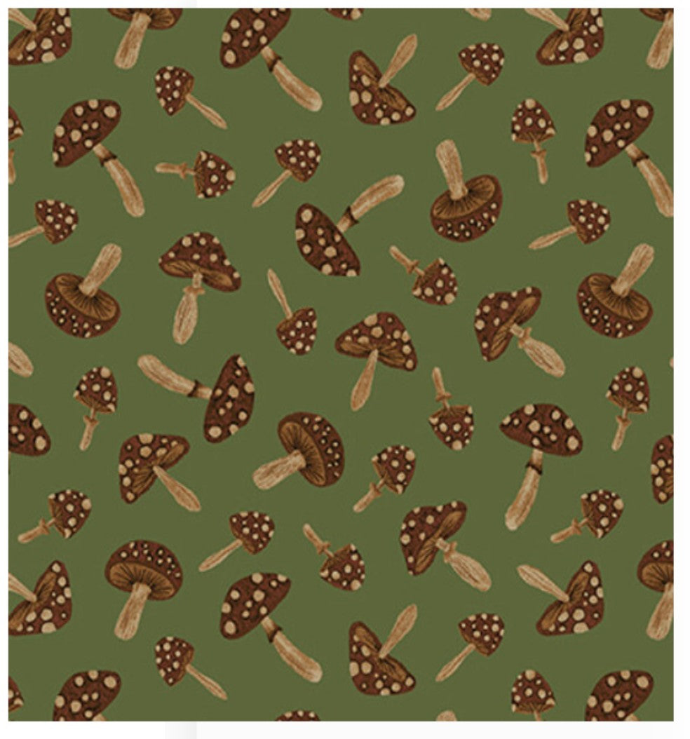 Dark Forest Mushrooms Green Melissa Wang Studio E Cotton Fabric