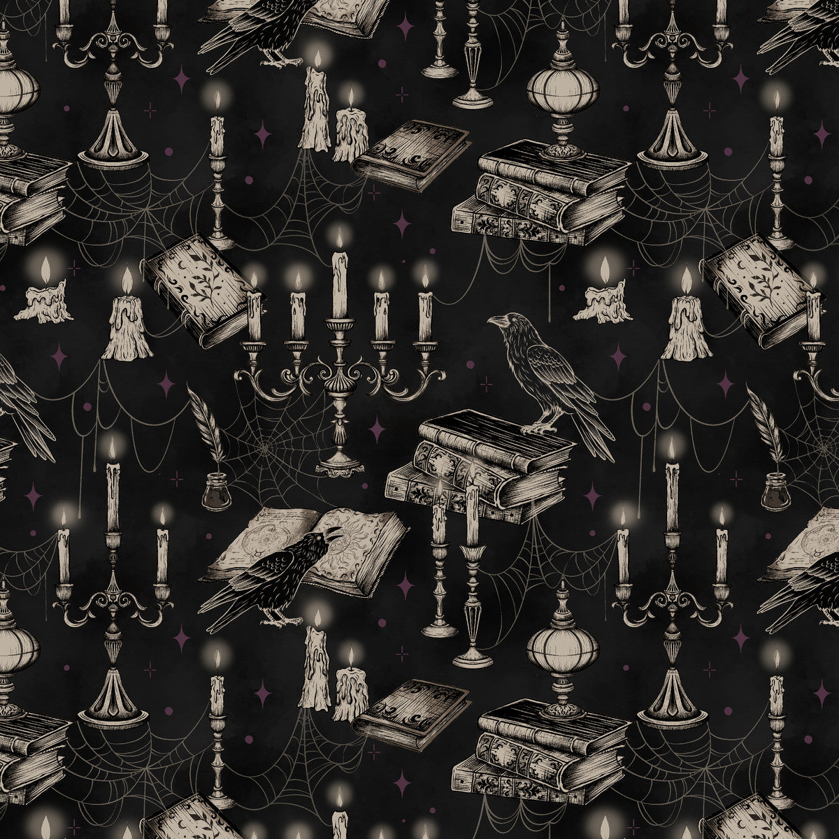 Darkly Enchanted Candelabras Black Episodic Drawing Blank Quilting Cotton Fabric BQ-4799-99